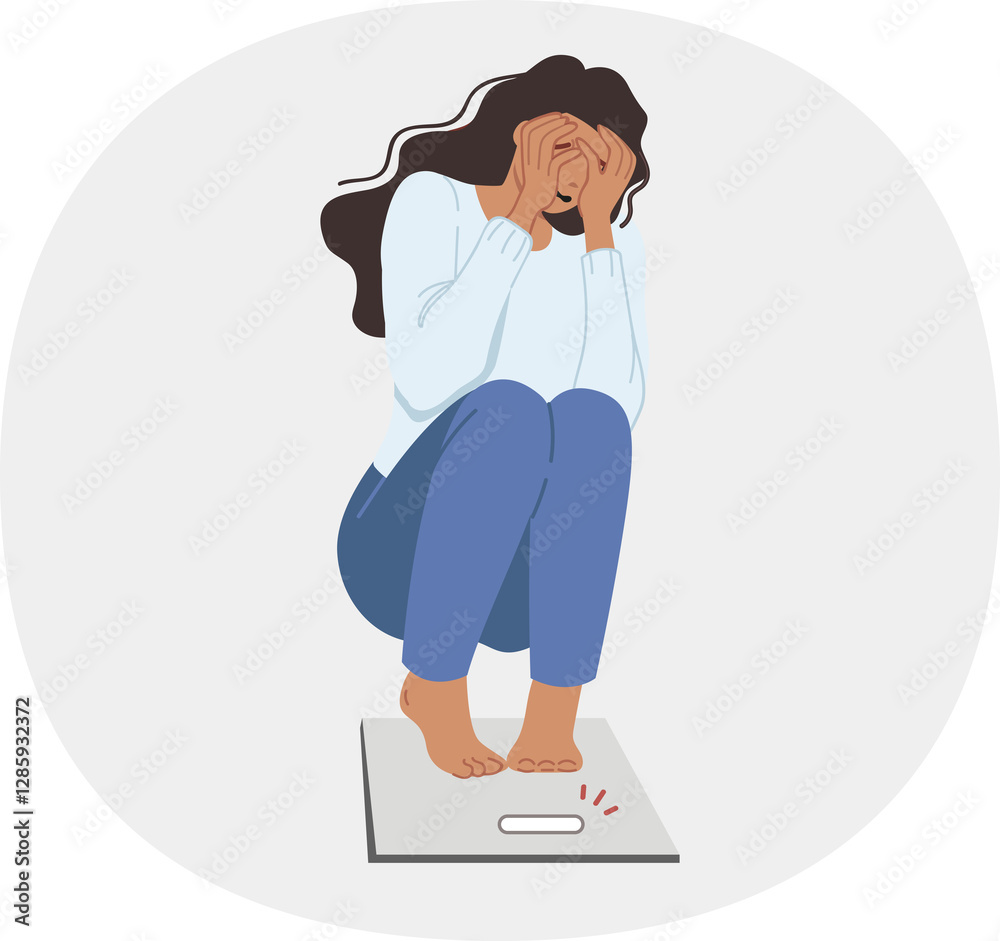 Problems with excess weight cause hysterics in woman who steps on scale and sees appearance new kilograms. Girl suffers from excess weight caused by immobility and eating unhealthy high-calorie foods