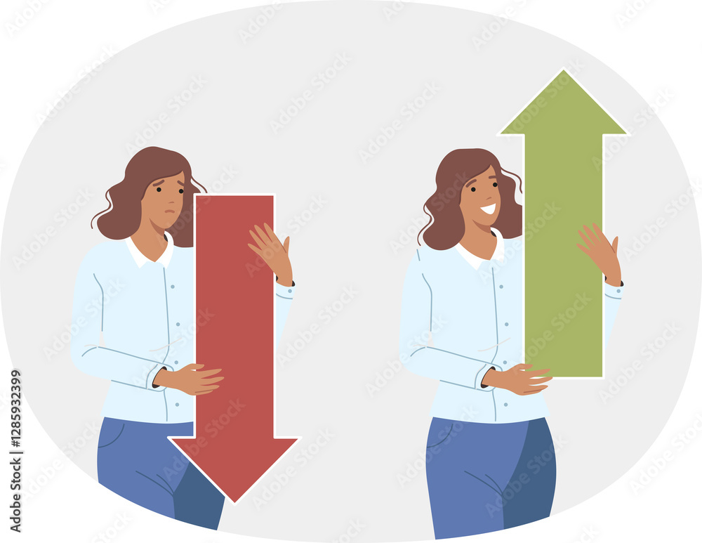Woman business analyst holds up and down arrows, demonstrating growth or fall of company income. Girl analyst or accountant predicts increases and decreases in salaries due to market volatility