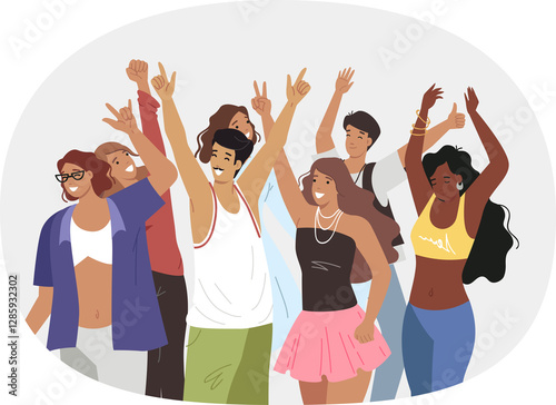People dance at disco in nightclub or at music festival with good concert program. Men and women dance at discotheque enjoying nightlife and opportunity to forget about problems or difficulties