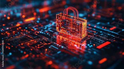 glowing digital shopping bag icon on circuit board background symbolizes AI driven e commerce