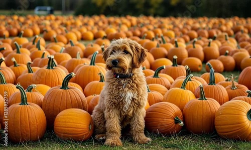 A fluffy dog sits among a field of pumpkins during autumn.