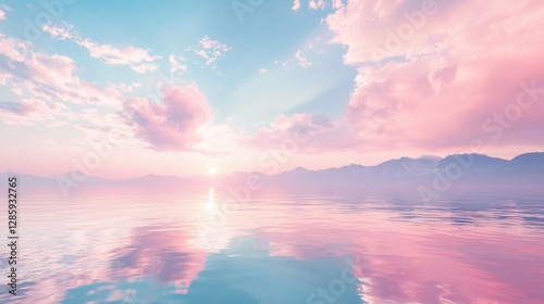 Fototapeta Naklejka Na Ścianę i Meble -  Beautiful sunset sky reflecting on calm water near mountains