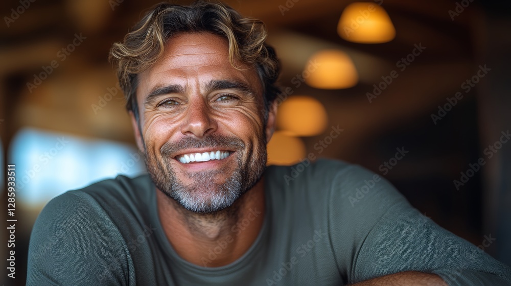 Man with a green shirt is smiling and looking at the camera. He has a beard and gray hair Man with a green shirt is smiling and looking at the camera. He has a beard and gray hair