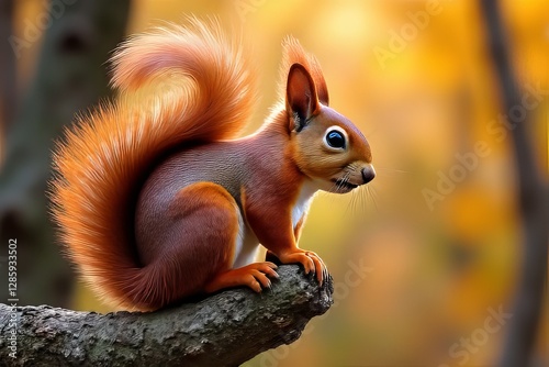 Adorable Red Squirrel on Branch in Autumnal Setting