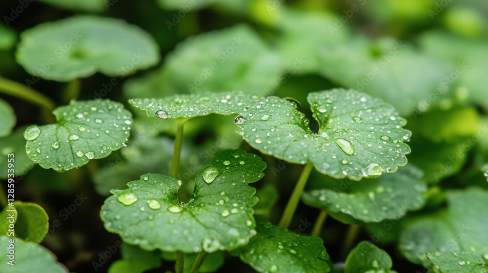 Dewdrops cling to edges of fresh green leaves, creating serene and refreshing scene in nature. close up view highlights delicate balance of water droplets on vibrant foliage Dewdrops cling to edges of fresh green leaves, creating serene and refreshing scene in nature. close up view highlights delicate balance of water droplets on vibrant foliage