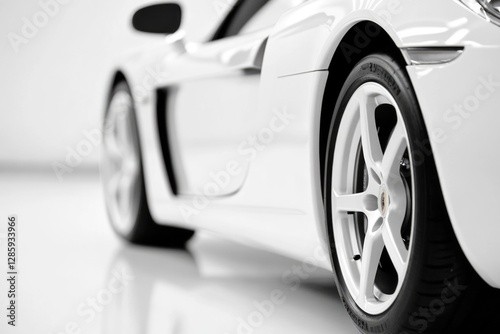 A detailed view of a white sports car's exterior and interior features