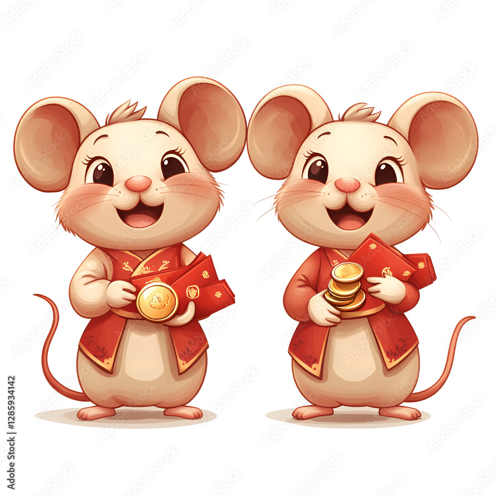 Naklejka premium Adorable Chinese New Year Mice Holding Red Envelopes and Coins
