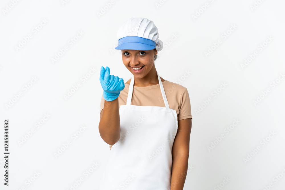 Fishwife asian woman over isolated background making money gesture Fishwife asian woman over isolated background making money gesture