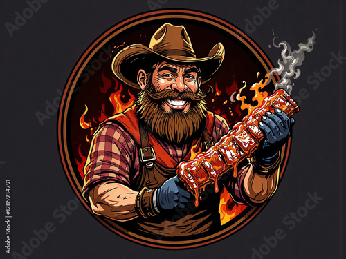 Grillmeister mit Rippchen und Flammen im Hintergrund