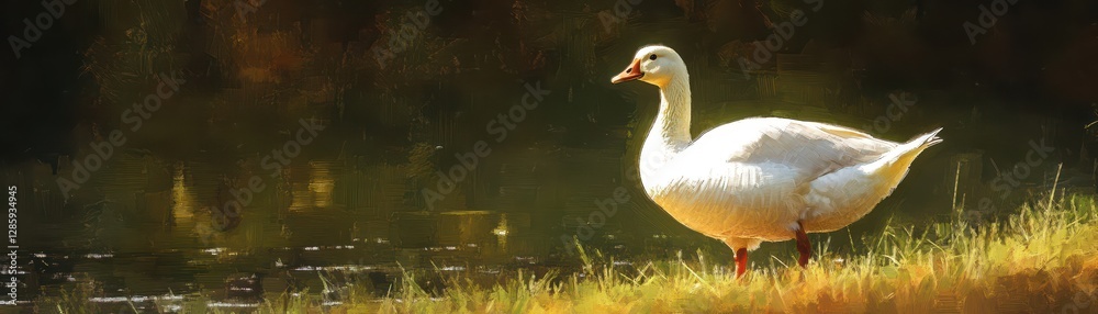 Serene white bird beside calm water, bathed in warm sunlight on a grassy bank. Serene white bird beside calm water, bathed in warm sunlight on a grassy bank.