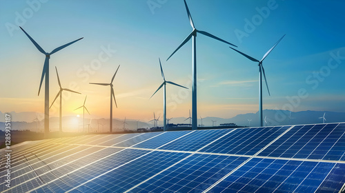 Renewable energy landscape featuring solar panels and wind turbines at sunset with mountains