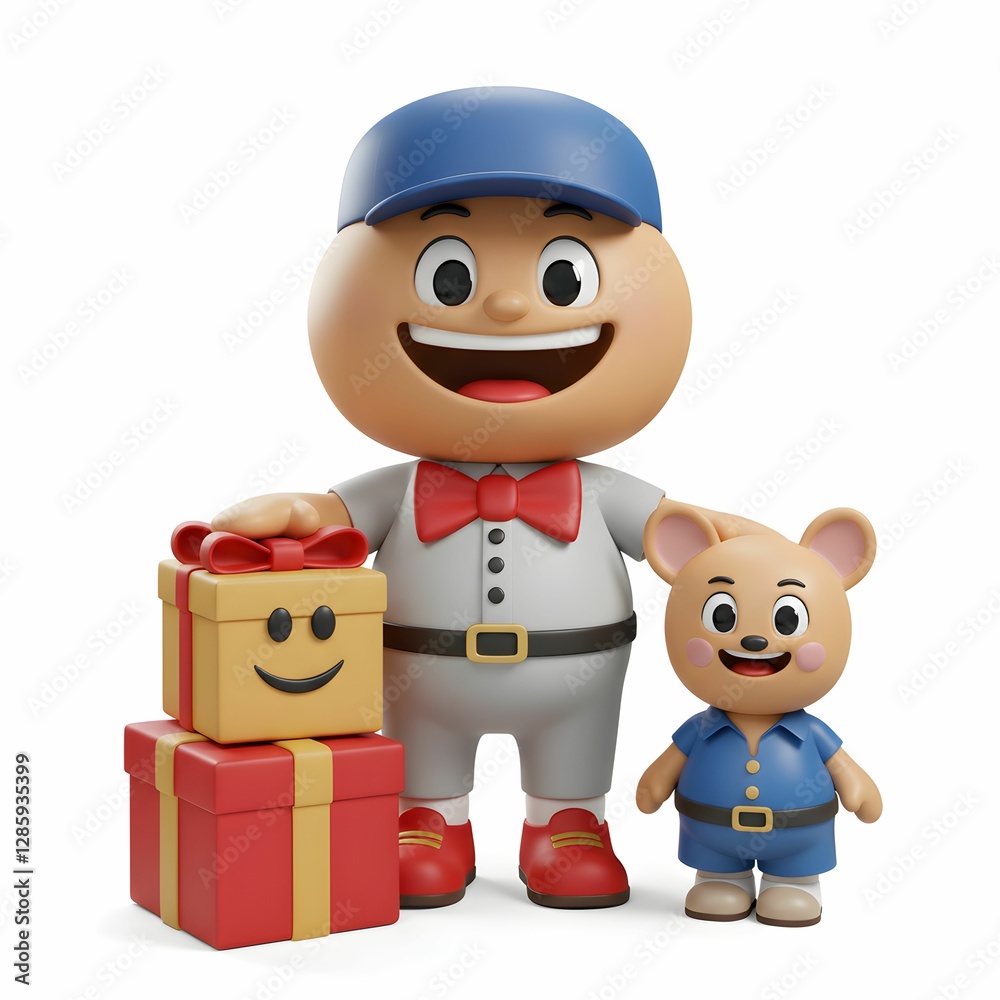 Fototapeta premium Friendly Cartoon Character with Gift Boxes