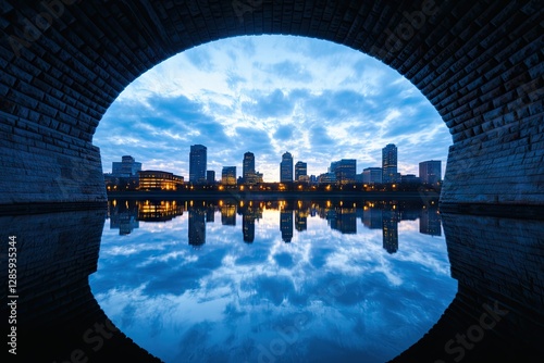City Skyline Reflected in a Calm River Under a Bridge at Dusk