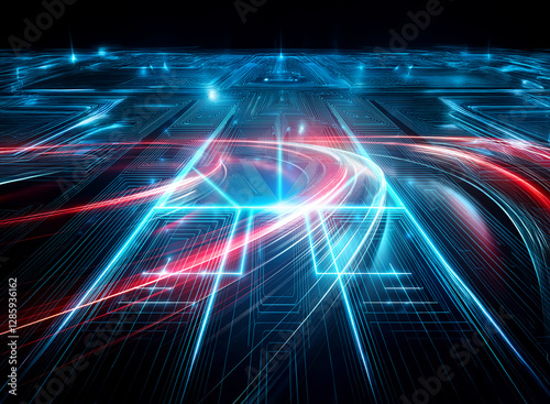 Abstract image showcasing a double exposure effect with vibrant blue and red light streaks on a dark backdrop, creating a dynamic and futuristic perspective.