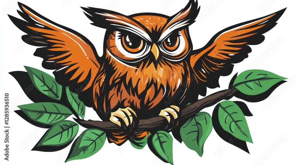 Obraz premium Cartoon owl perched on branch, foliage background. Possible use children's book illustration