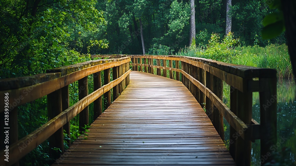 Fototapeta premium Walking on a Wooden Path Through Green Forest Nature Trail