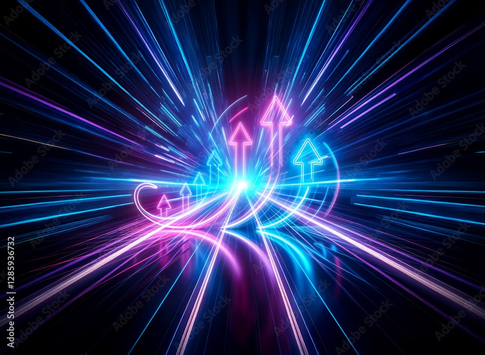 Obraz premium Vibrant double exposure of glowing arrows radiating outward in blue and pink hues on a dark backdrop, creating a futuristic and energetic visual.