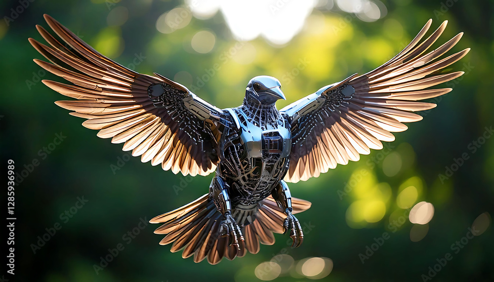Obraz premium Stunning image of a robotic bird in flight against a bokeh background. Metallic details and intricate design showcase futuristic technology. Perfect for tech, nature, or fantasy projects.
