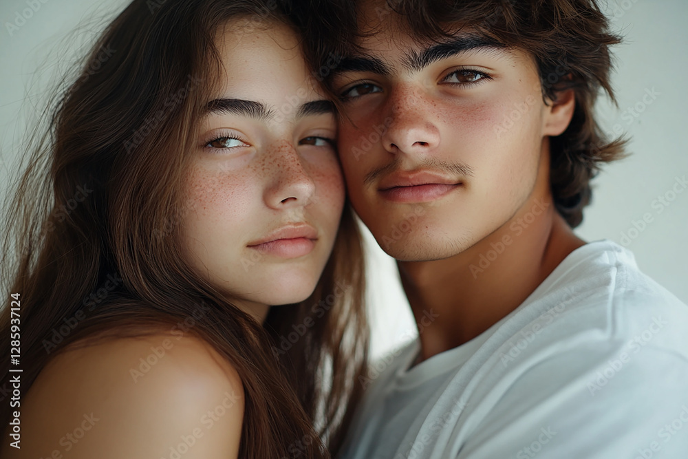 A couple hugging each other on a white background A couple hugging each other on a white background