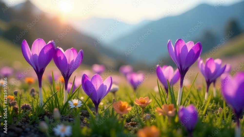 Vibrant Purple Crocus Blossoms Basking in the Golden Hour Sunlight Across a Lush Meadow Landscape Vibrant Purple Crocus Blossoms Basking in the Golden Hour Sunlight Across a Lush Meadow Landscape