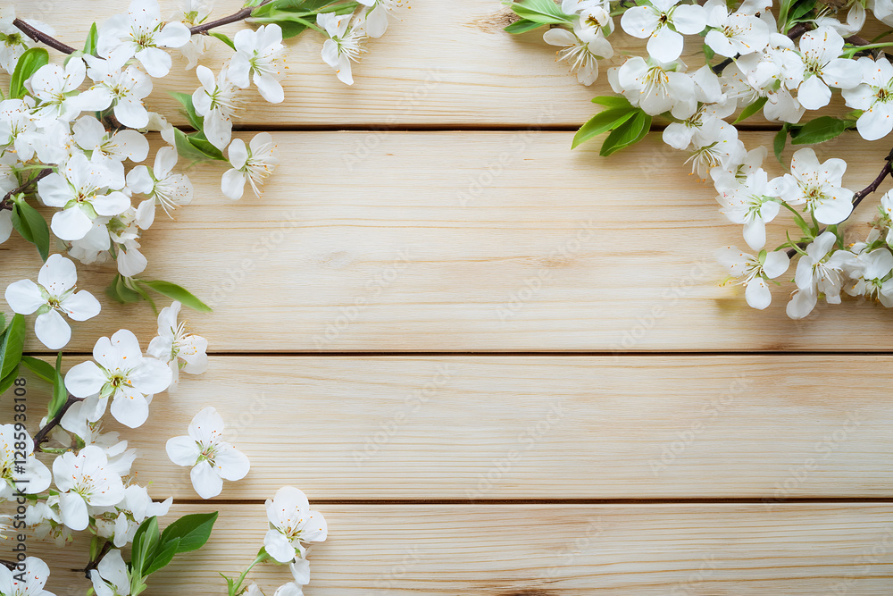 Spring background with white blossoms on a wooden table, top view. Space for text Spring background with white blossoms on a wooden table, top view. Space for text