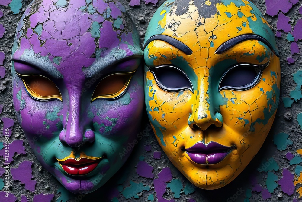 Obraz premium Close-up of Two Cracked Colorful Carnival Masks