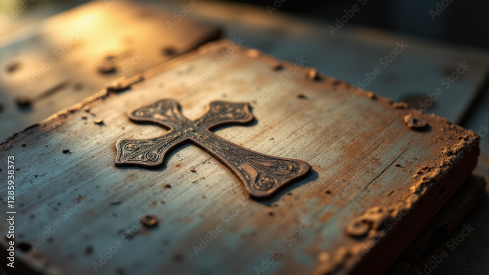 Naklejka premium Ancient Christian cross inscription on weathered wooden surface.