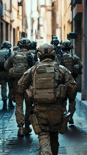 Soldiers patrol narrow urban streets while preparing for a mission in an undisclosed city during the afternoon