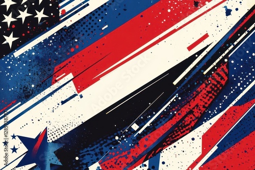 modern abstract patriotic design with dynamic geometric patterns bold stripes and stars in classic american colors