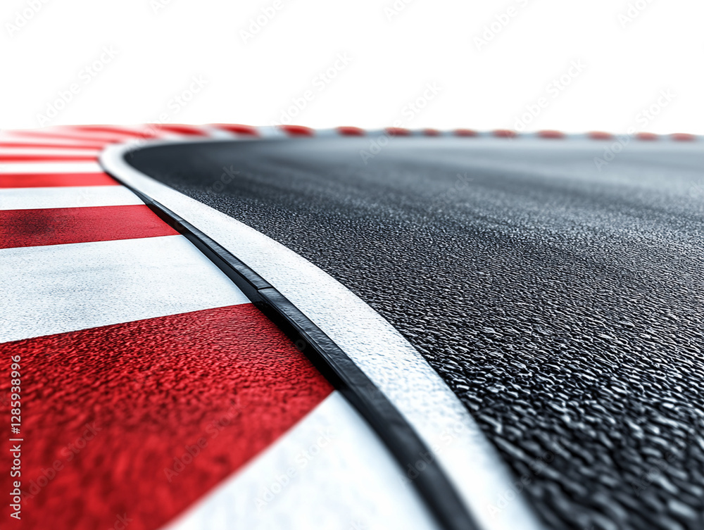 Obraz premium Close Up View Of Red And White Curb On Black Asphalt Race Track With Transparent Background