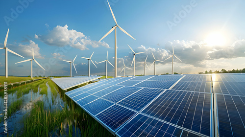 Expansive view of wind turbines and solar panels under a bright sky with lush greenery nearby