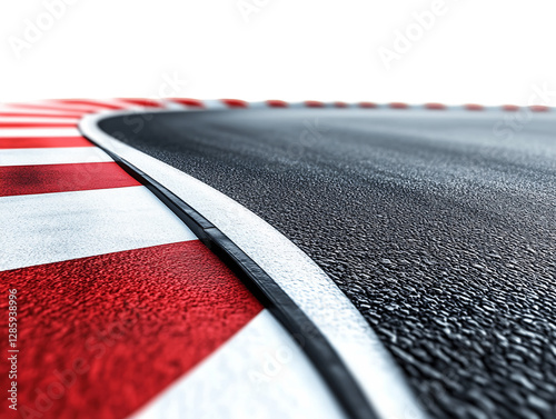 Close Up View Of Red And White Curb On Black Asphalt Race Track With Transparent Background