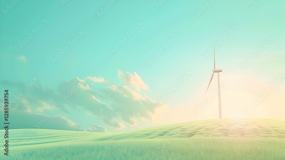 Serene landscape featuring a wind turbine on a grassy hill under a pastel sky at sunset Serene landscape featuring a wind turbine on a grassy hill under a pastel sky at sunset