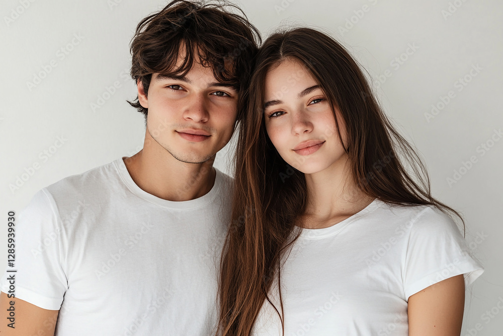 A couple hugging each other on a white background A couple hugging each other on a white background