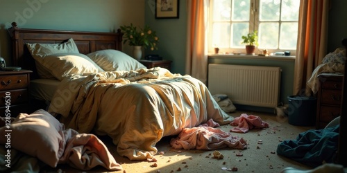 Morning sunlight illuminates a rumpled bed, strewn with discarded clothing and scattered petals on the carpeted floor