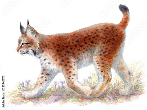 Canvas Print Hand drawn watercolor illustration of walking lynx isolated on white background