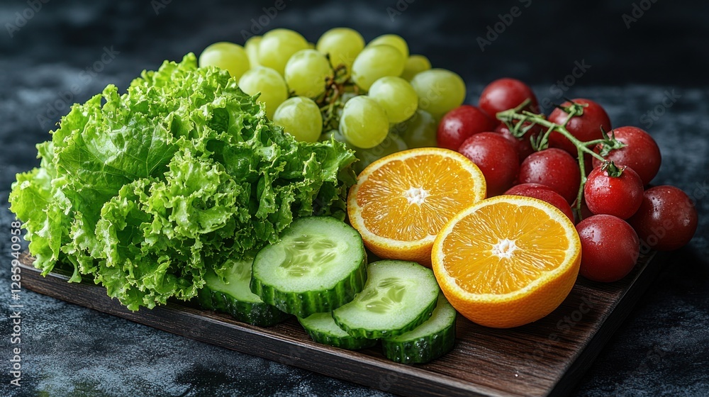 Fresh fruits and vegetables on wooden board Fresh fruits and vegetables on wooden board