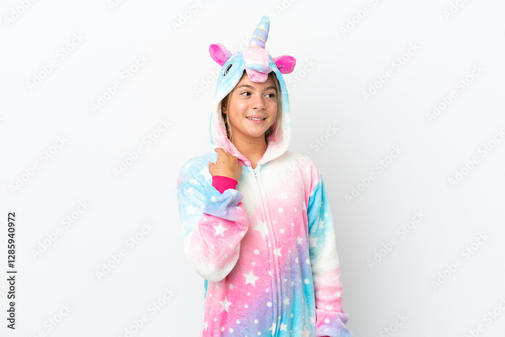Little girl with unicorn pajamas isolated on white background thinking an idea Little girl with unicorn pajamas isolated on white background thinking an idea