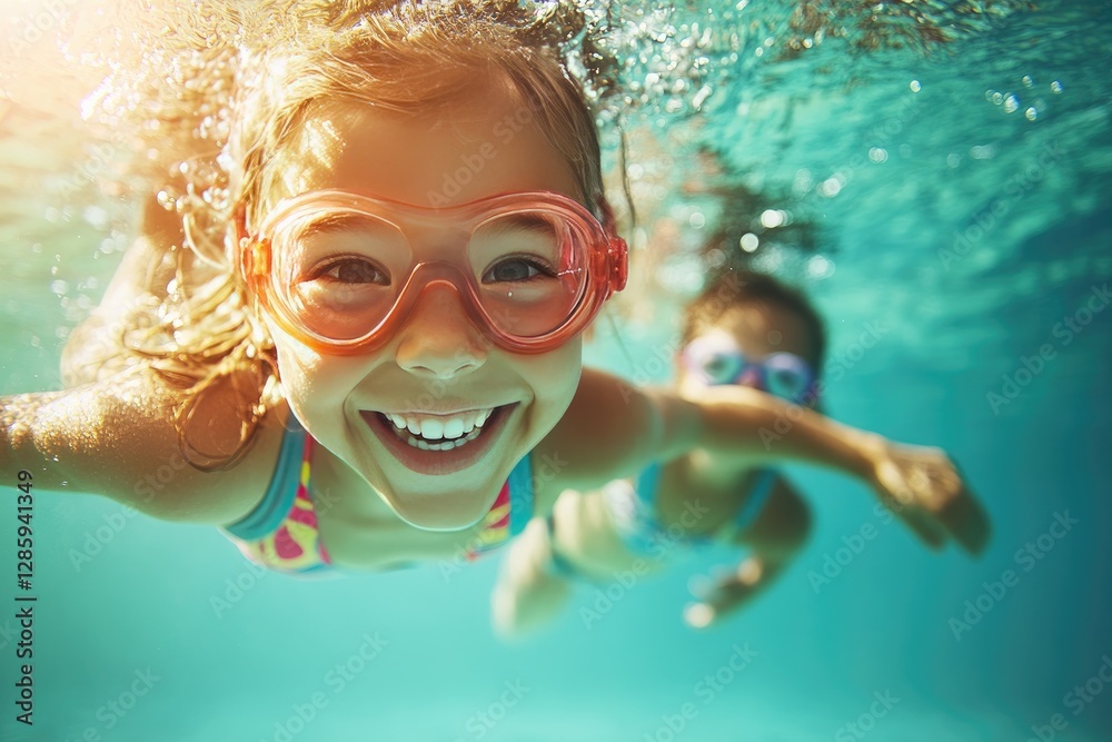 Naklejka premium Joyful Children Swimming Underwater in Colorful Goggles on a Sunny Day