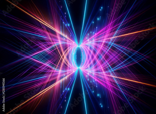 Abstract design with vibrant blue, pink, and orange light trails converging centrally, creating a dynamic and eye-catching form against a dark background.