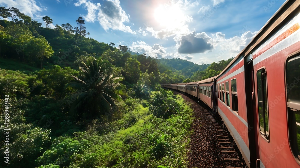 Obraz premium A scenic railway journey through lush green hills, with space in the sky for a travel quote.