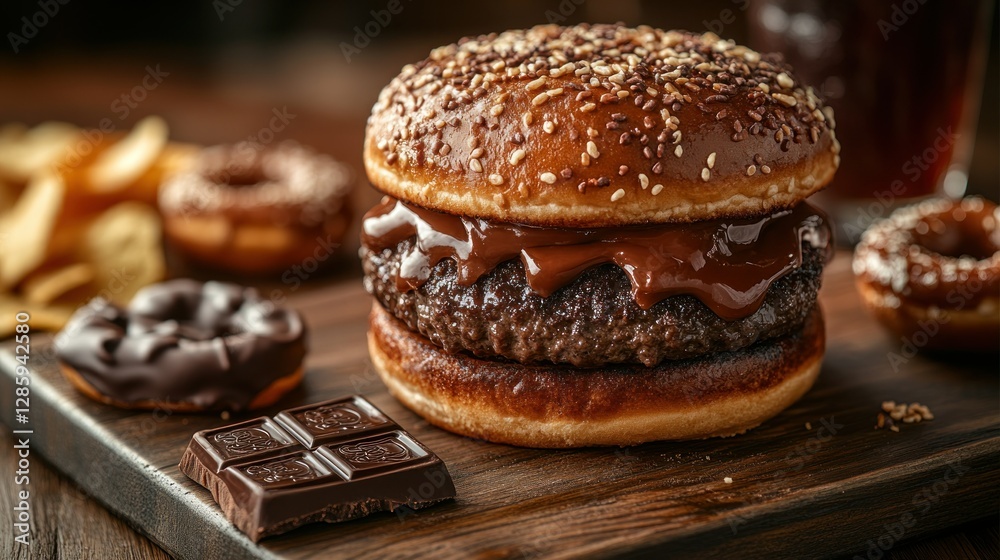 Chocolate-Covered Burger on Wooden Board with Donuts and Chips Chocolate-Covered Burger on Wooden Board with Donuts and Chips