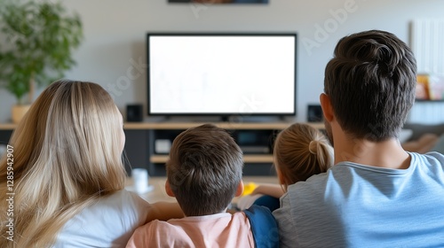A family enjoying movie night on a couch, with a blank TV screen ready for customization.