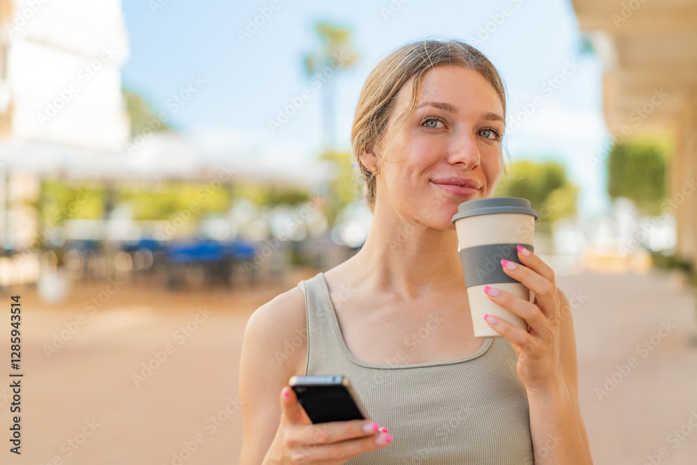 Young blonde woman at outdoors using mobile phone and holding a coffee Young blonde woman at outdoors using mobile phone and holding a coffee