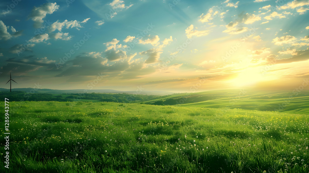 Obraz premium Serene sunset over a lush green landscape with wind turbine and dramatic clouds