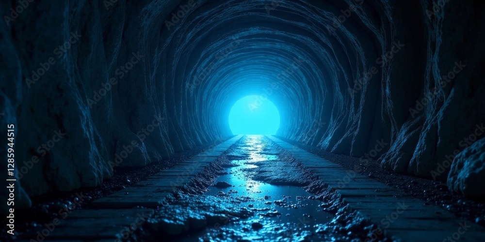 Obraz premium Mysterious subterranean passageway with a luminous exit, leading towards an unknown destination, showcasing a textured path and uneven terrain.