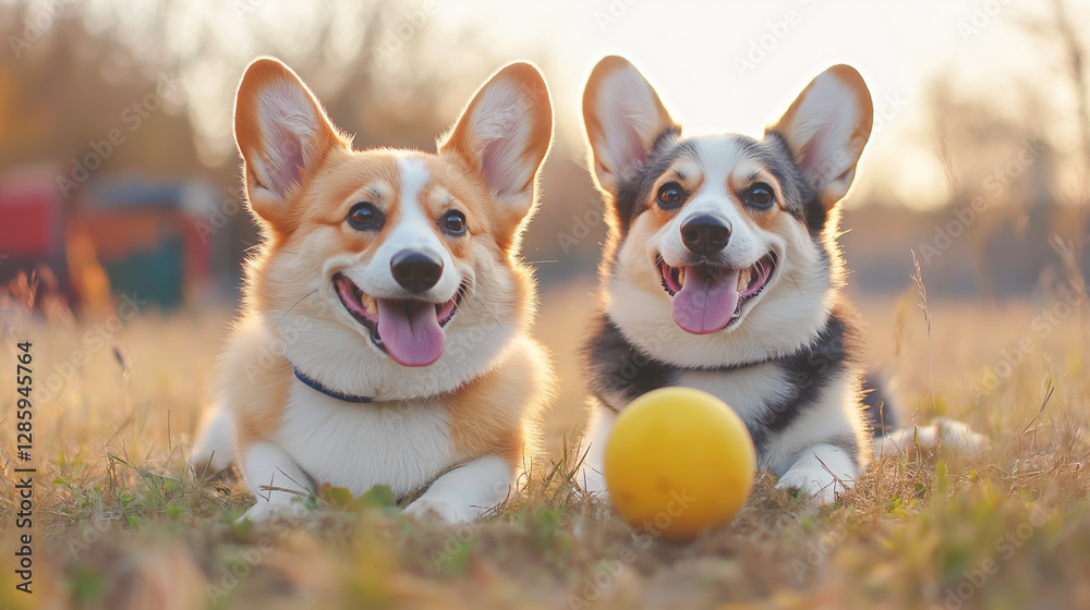 Two playful corgis enjoying a sunny day in the park with a yellow ball nearby Two playful corgis enjoying a sunny day in the park with a yellow ball nearby