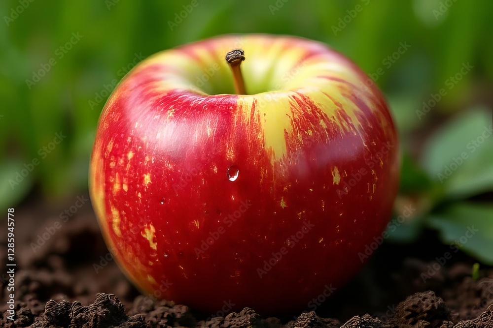 Fresh Red Apple on Soil, Close-up View of a Ripe Fruit Fresh Red Apple on Soil, Close-up View of a Ripe Fruit