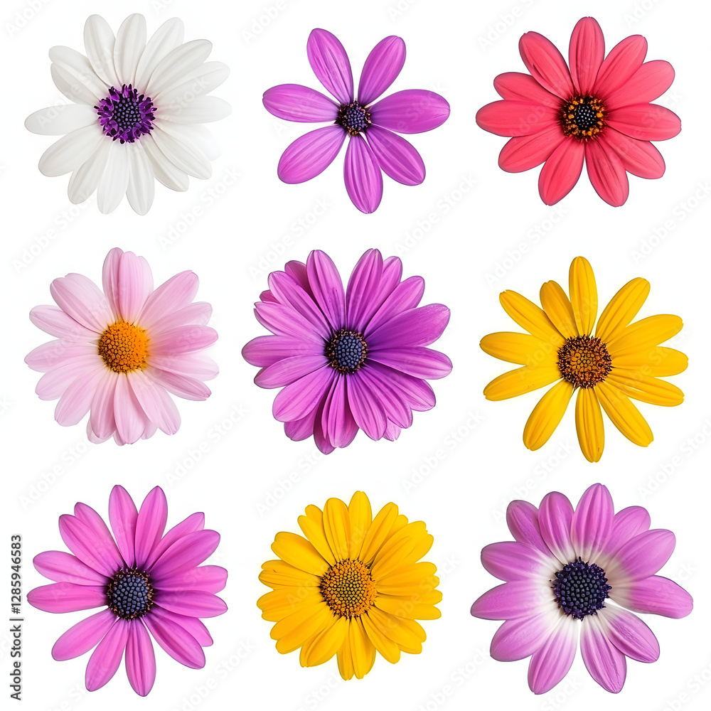 Naklejka premium A set of colorful daisy flowers isolated on a white background