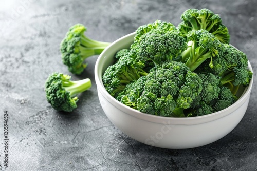Fresh green broccoli florets in a white bowl, ready to cook.  Healthy and nutritious.